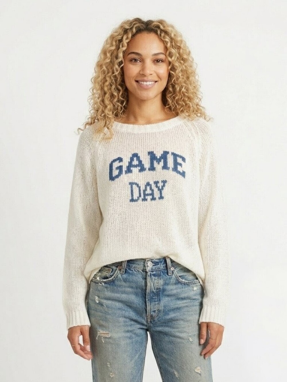 Wooden Ships Game Day Knit White Blue Mohair Wool Blend Boxy Sweater M/L